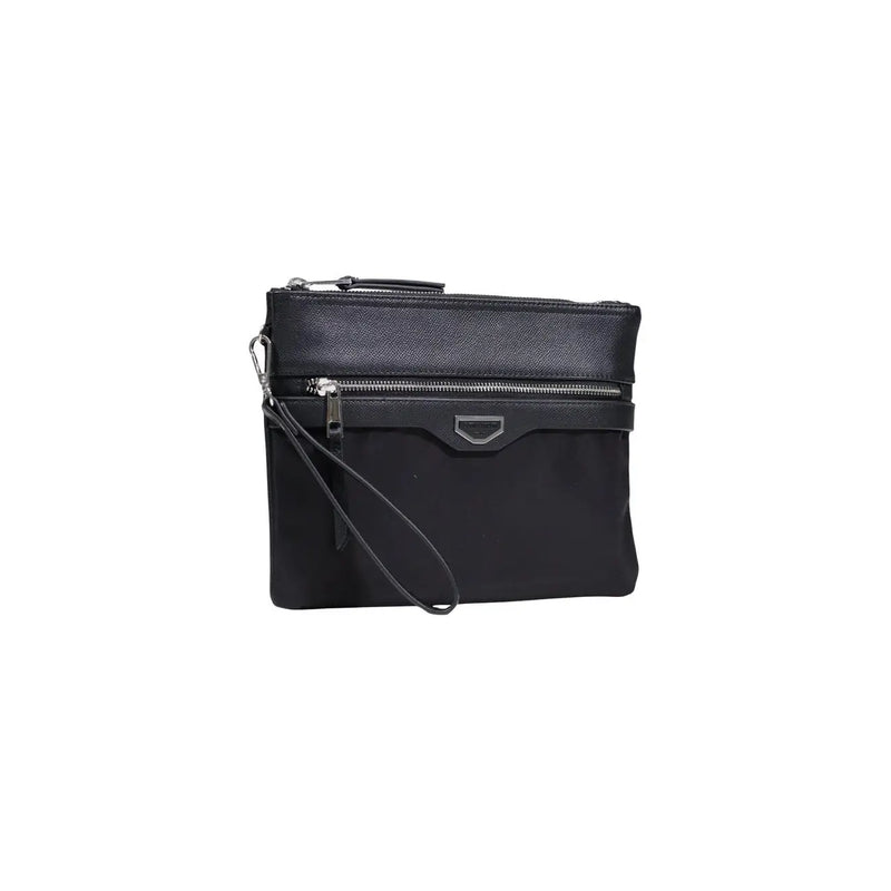Antony Morato men black polyamide clutch with textured leather top panel silver zipper accents and wrist strap