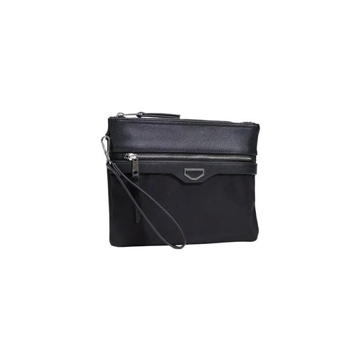 Antony Morato men black polyamide clutch with textured leather top panel silver zipper accents and wrist strap