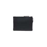 Antony Morato men black polyamide zip bag featuring black textured leather clutch with silver zipper and metal clasp