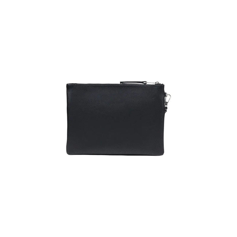 Antony Morato men black polyamide zip bag featuring black textured leather clutch with silver zipper and metal clasp
