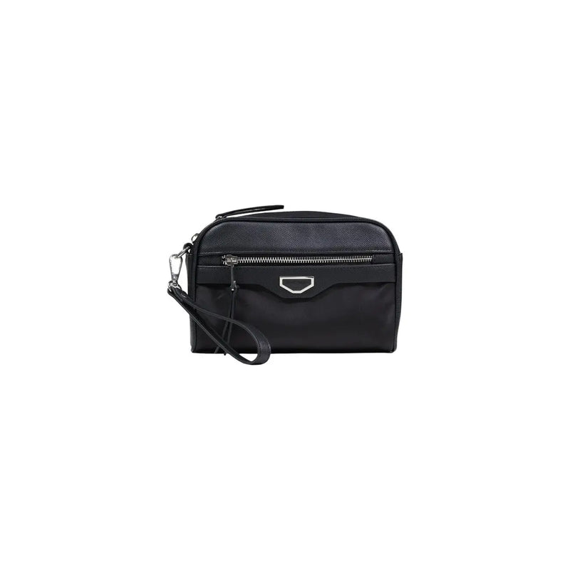 Antony Morato men black leather wristlet with silver-toned metal clasp and zipper pull in a zip crossbody bag design