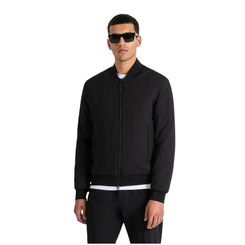 Antony Morato men blazer black ribbed bomber jacket with full-length zipper and white trim at waistband