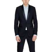 Antony Morato men blazer black tuxedo jacket with satin lapels worn over light blue dress shirt