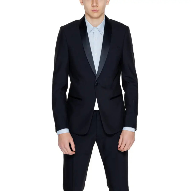 Antony Morato men blazer black tuxedo jacket with satin lapels worn over light blue dress shirt