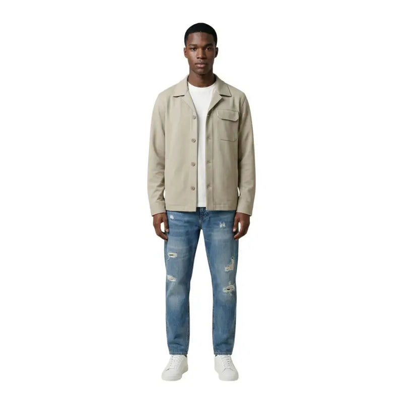 Antony Morato men blazer beige button-up jacket with collar and chest pocket worn over white t-shirt