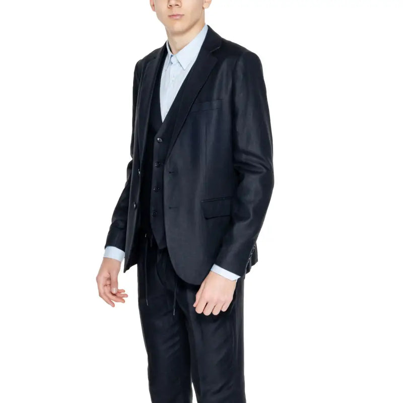 Antony Morato men blazer black tailored suit jacket with subtle sheen paired with matching vest and trousers