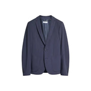 A sleek navy blue Antony Morato men blazer with subtle sheen, two flap pockets, and fine stitching details