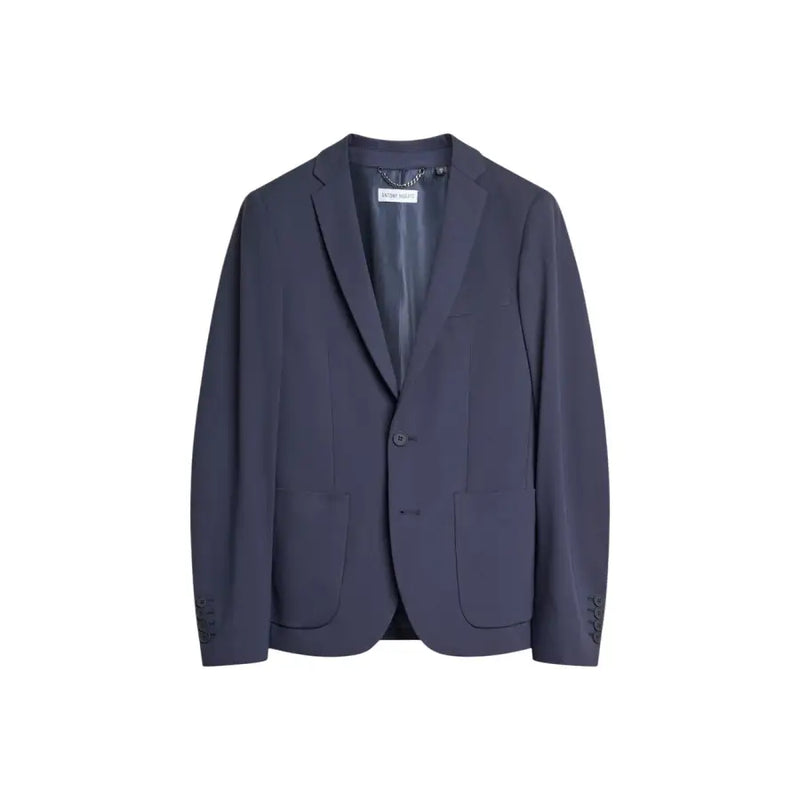 A sleek navy blue Antony Morato men blazer with subtle sheen, two flap pockets, and fine stitching details