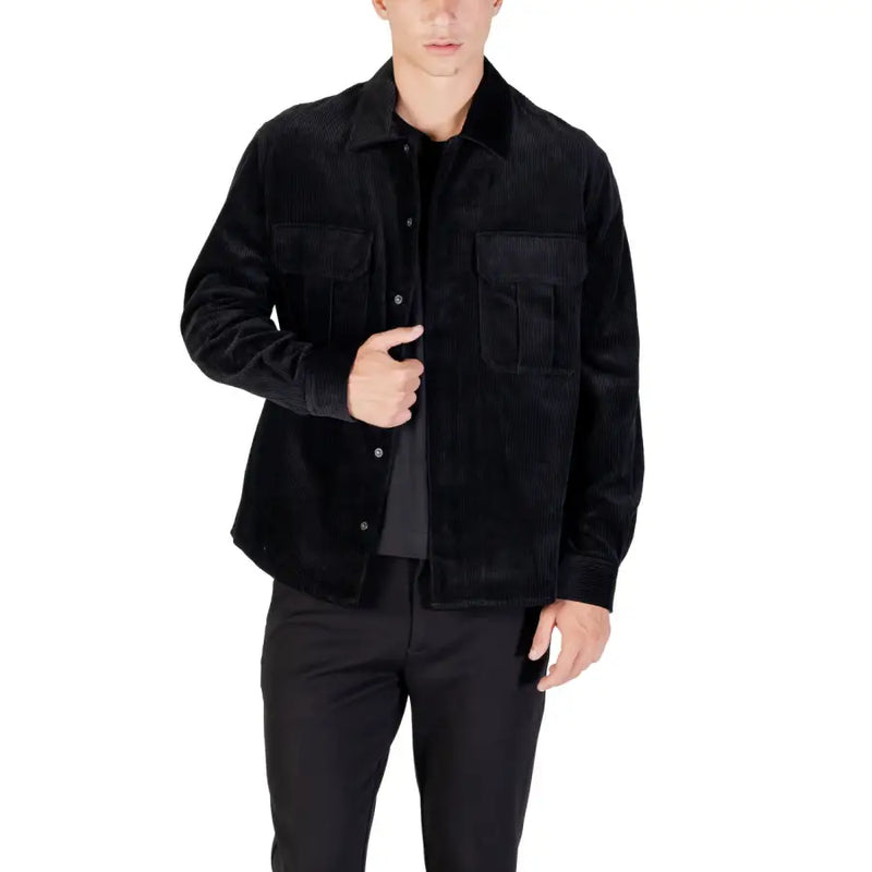 Antony Morato men blazer in black corduroy with button-up front, two chest pockets, and a collar