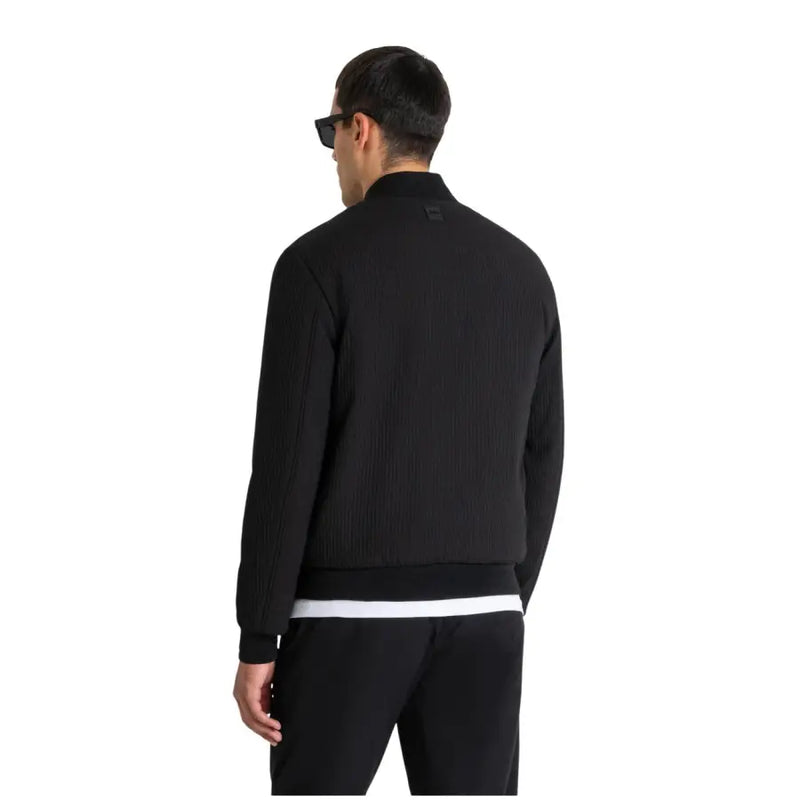 Antony Morato men blazer featuring black ribbed knit bomber jacket with a white horizontal stripe at the waistband