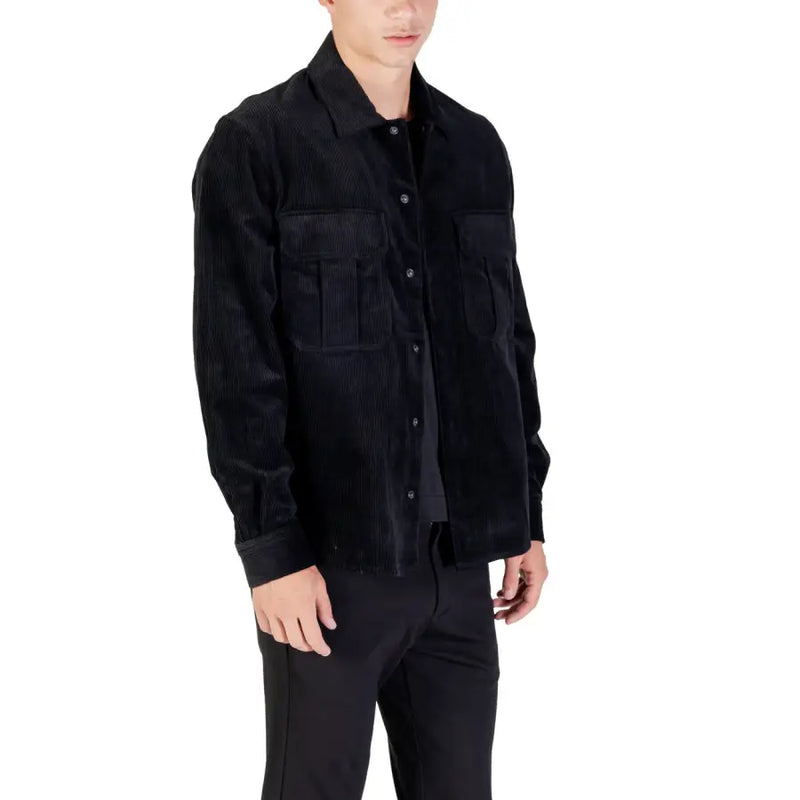 Antony Morato men blazer in black corduroy with button-up front collar and two flap pockets