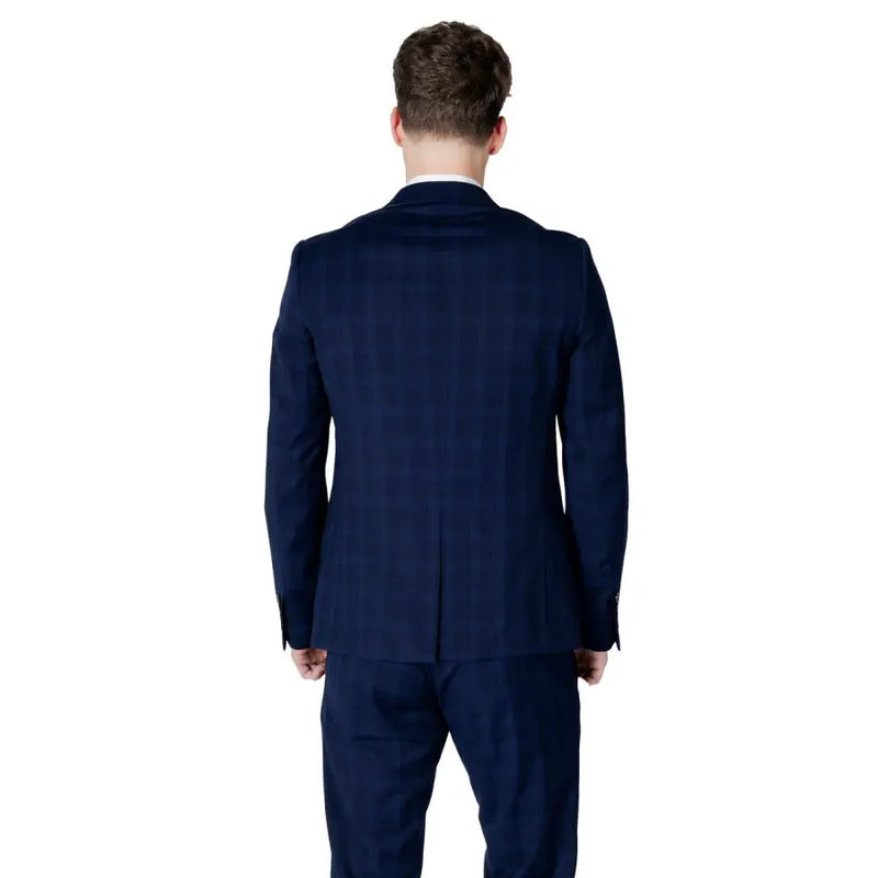 Antony Morato men blazer navy blue plaid suit jacket with subtle vertical and horizontal stripes in fabric blend