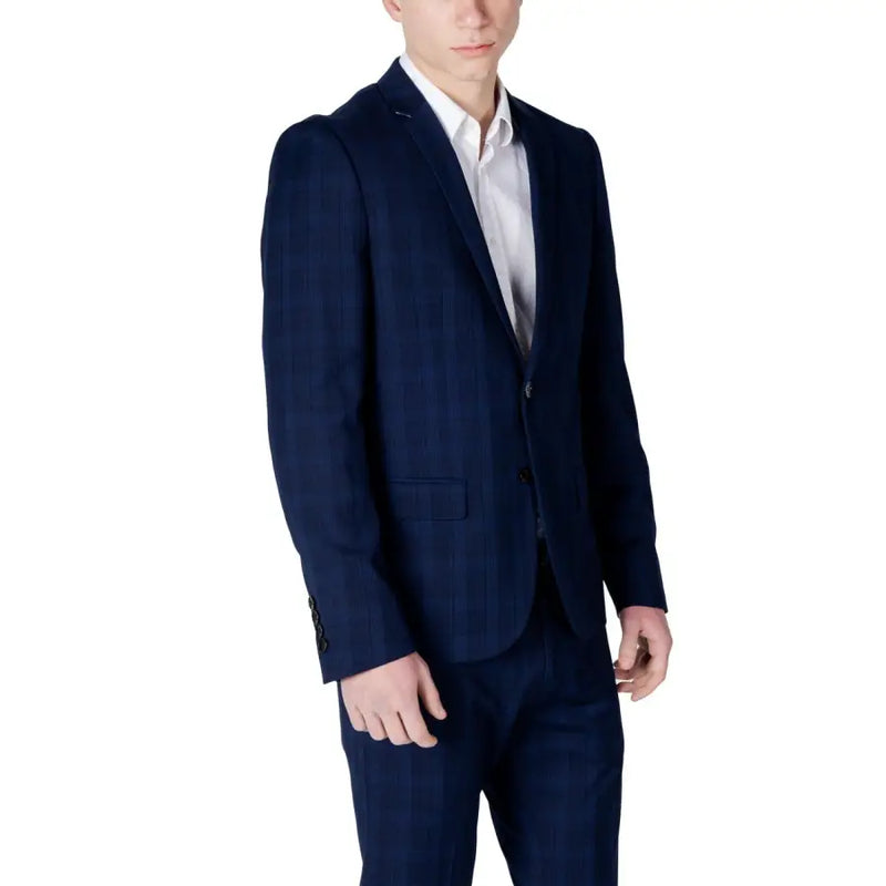 Navy blue plaid Antony Morato men blazer with subtle texture and matching trousers for formal wear