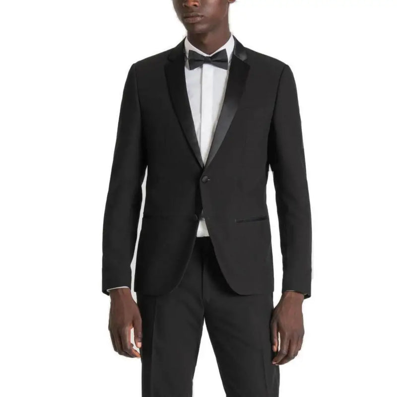 Antony Morato men blazer black tuxedo jacket with satin lapels and single button closure for formal occasions