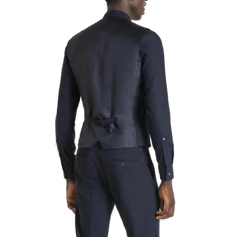 Antony morato men blue button gilet sleeveless vest with navy blue tailored fabric and matching tie at the back