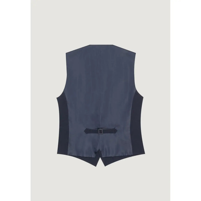 Antony Morato men blue button gilet sleeveless vest shown from the back with navy tailored fabric and black side panels