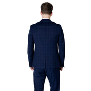 Antony Morato men blue checked blazer in a navy polyester blend with subtle vertical and horizontal stripes