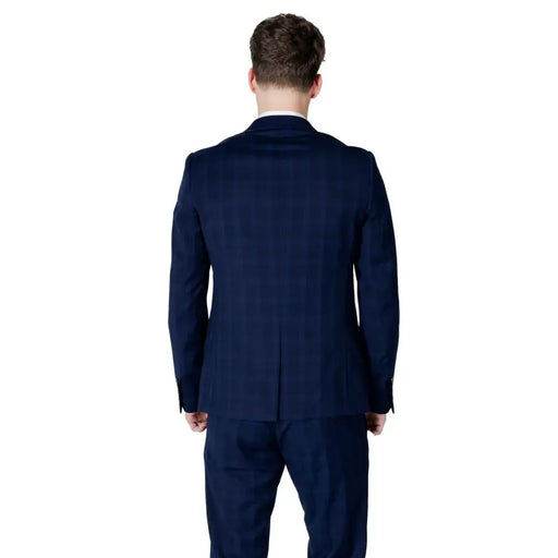 Antony morato men blue checked polyester blazer jacket featuring navy blue plaid with subtle vertical and horizontal stripes