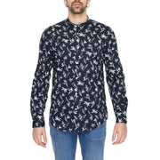 Antony Morato men blue cotton long-sleeved button-up shirt with white botanical print and mandarin collar