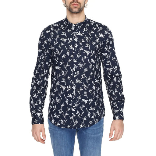 Antony Morato men blue cotton long-sleeved button-up shirt with white botanical print and mandarin collar