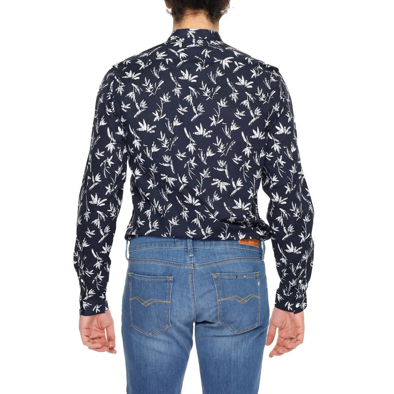 Antony Morato men blue cotton mandarin shirt featuring a navy long-sleeved button-up design with white leaf pattern