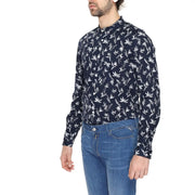 Antony Morato men blue cotton long-sleeved shirt with mandarin collar and white botanical print