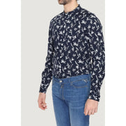 Antony Morato men blue cotton mandarin shirt with navy blue long sleeves and white botanical print pattern