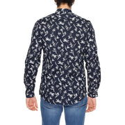 Antony Morato men blue cotton long-sleeved shirt with white botanical print and mandarin collar