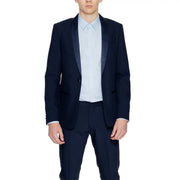 Antony Morato men blue tuxedo jacket with navy blue satin lapels in a long blazer design