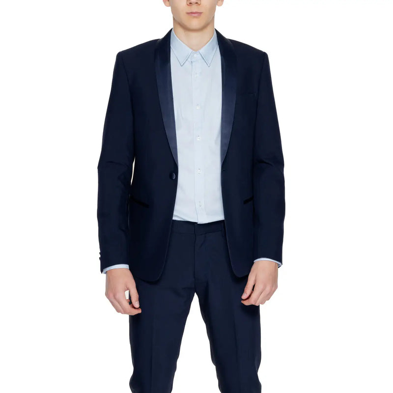 Antony Morato men blue tuxedo jacket with navy blue satin lapels in a long blazer design