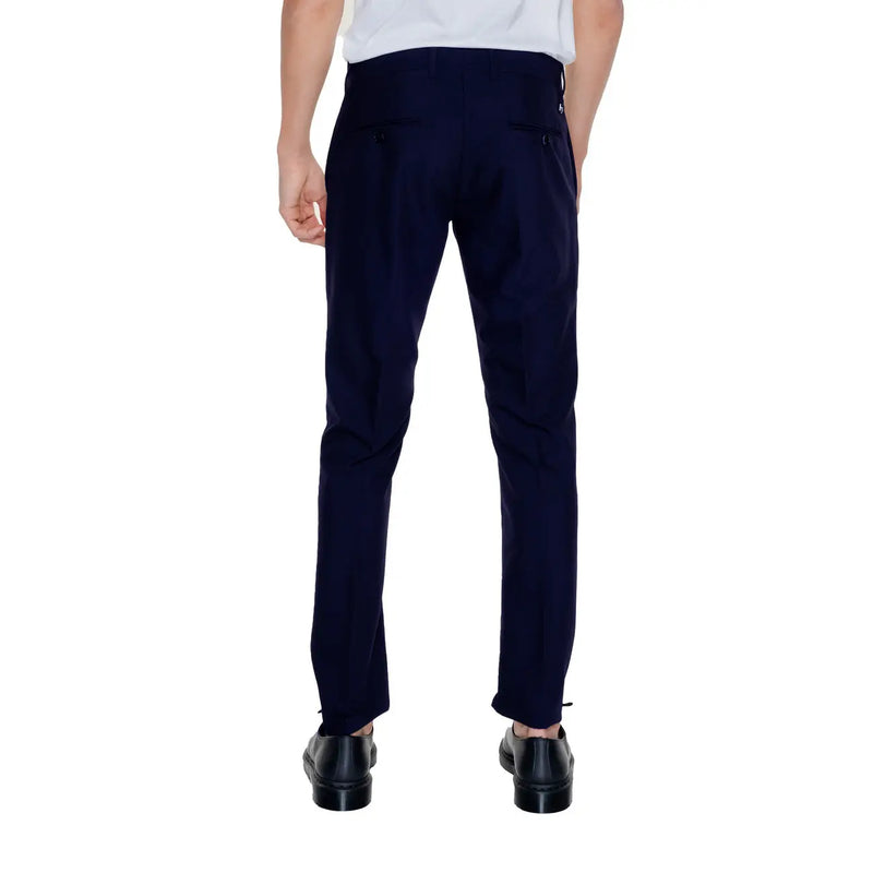 Antony Morato men trousers in navy blue tailored slim-fit with subtle back pockets shown from the back side