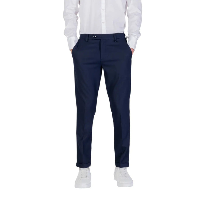Antony morato men blue trousers viscose blend with tailored fit, navy color, sleek straight-leg cut, and subtle creases