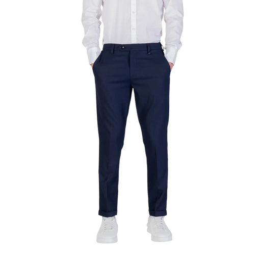 Antony morato men blue trousers viscose blend with tailored fit, navy color, sleek straight-leg cut, and subtle creases