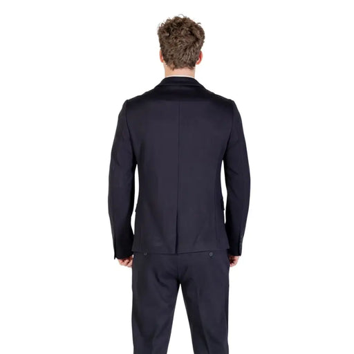 Black tailored suit jacket with sleek modern cut and subtle texture in Antony Morato men blue viscose blend lapel blazer