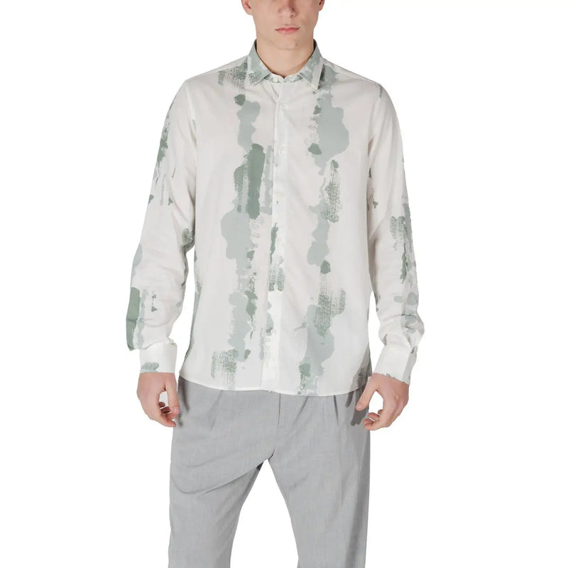 Antony Morato Chemise homme en coton mélangé vert, manches longues blanches et motif abstrait moderne gris et vert discret