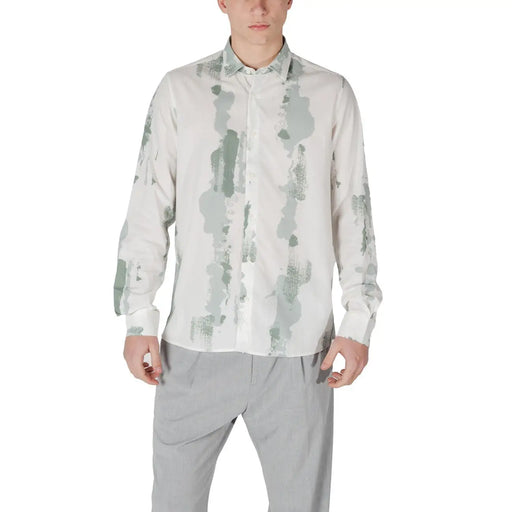Antony Morato men green cotton blend shirt with white long sleeves and modern abstract gray and muted green pattern