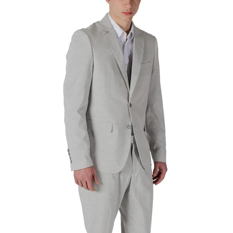 Antony Morato men grey linen blend single-breasted blazer with lapel collar and two-button closure tailored jacket