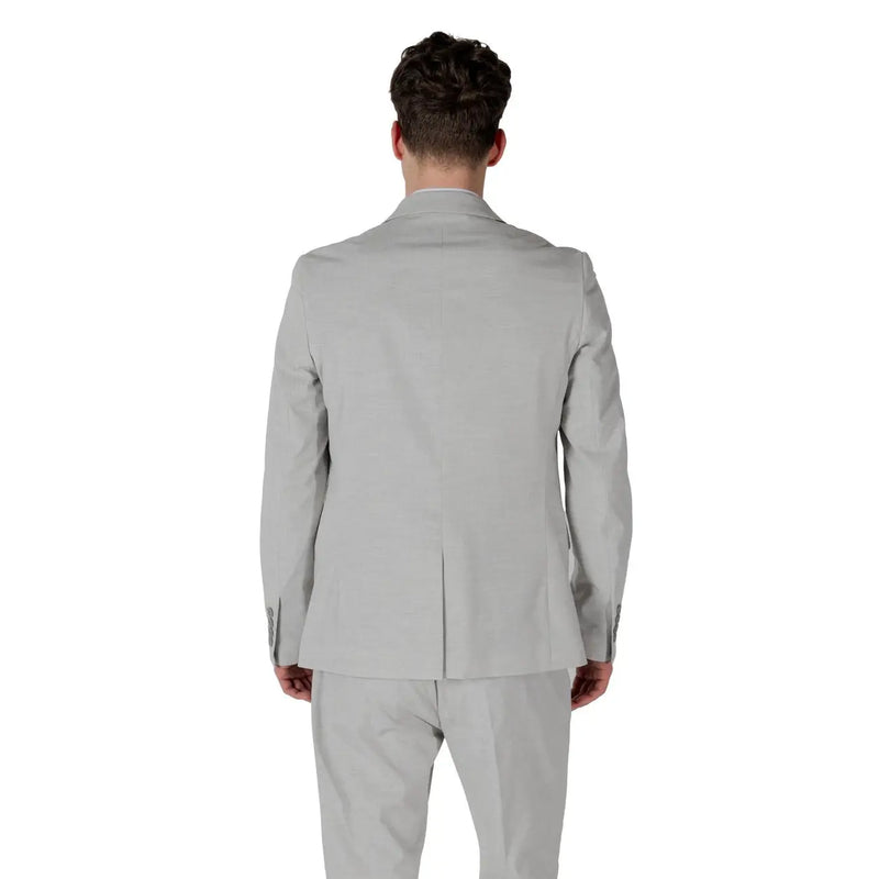 Antony Morato men grey linen blend blazer with tailored fit lapel collar and subtle texture in light gray color