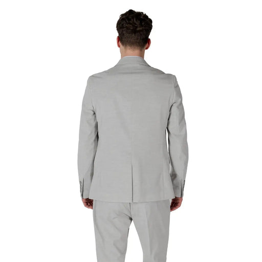 Antony Morato men grey linen blend blazer with tailored fit lapel collar and subtle texture in light gray color