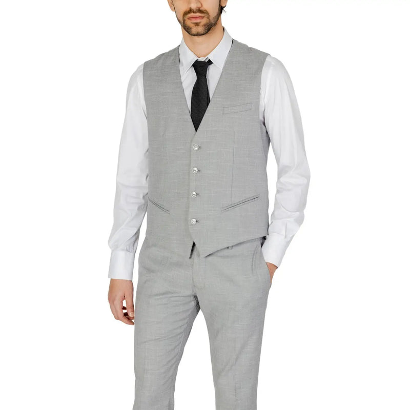 Antony Morato men grey textured waistcoat with five silver buttons and two front pockets sleeveless gilet