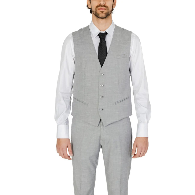 Antony Morato men grey plain wool gilet sleeveless vest with five silver buttons and two flap pockets