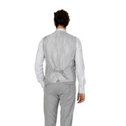 Antony morato men grey plain satin button gilet sleeveless showing back with matching belt buckle and subtle sheen