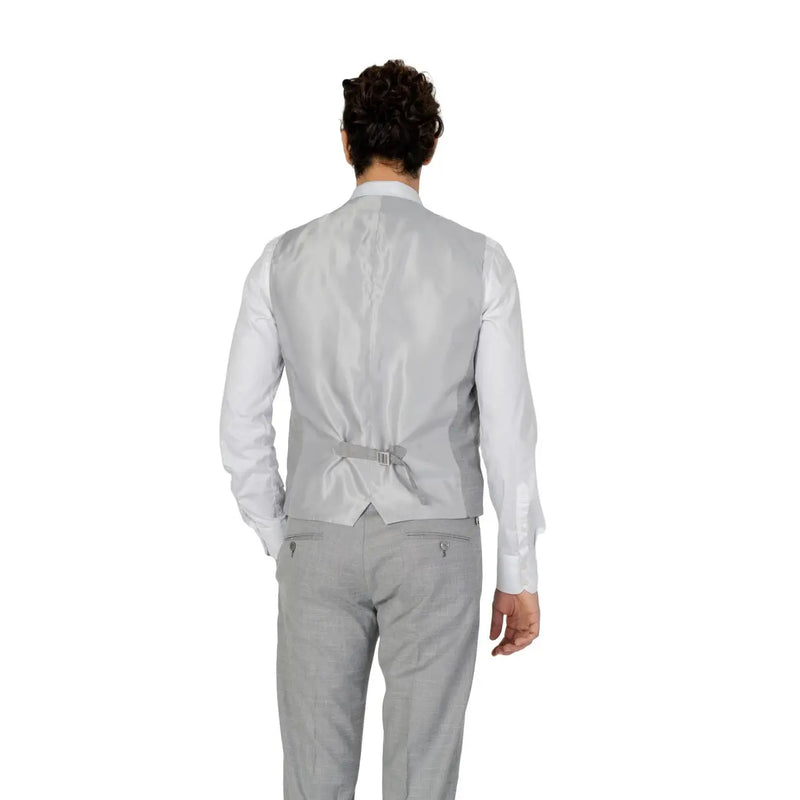 Antony morato men grey plain satin button gilet sleeveless showing back with matching belt buckle and subtle sheen