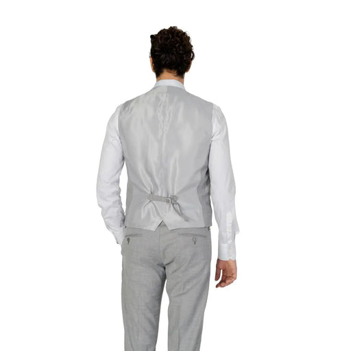 Antony morato men grey plain satin button gilet sleeveless showing back with matching belt buckle and subtle sheen