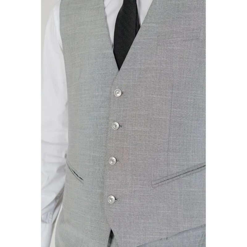 A tailored grey textured waistcoat by antony morato featuring silver buttons and flap pockets for men