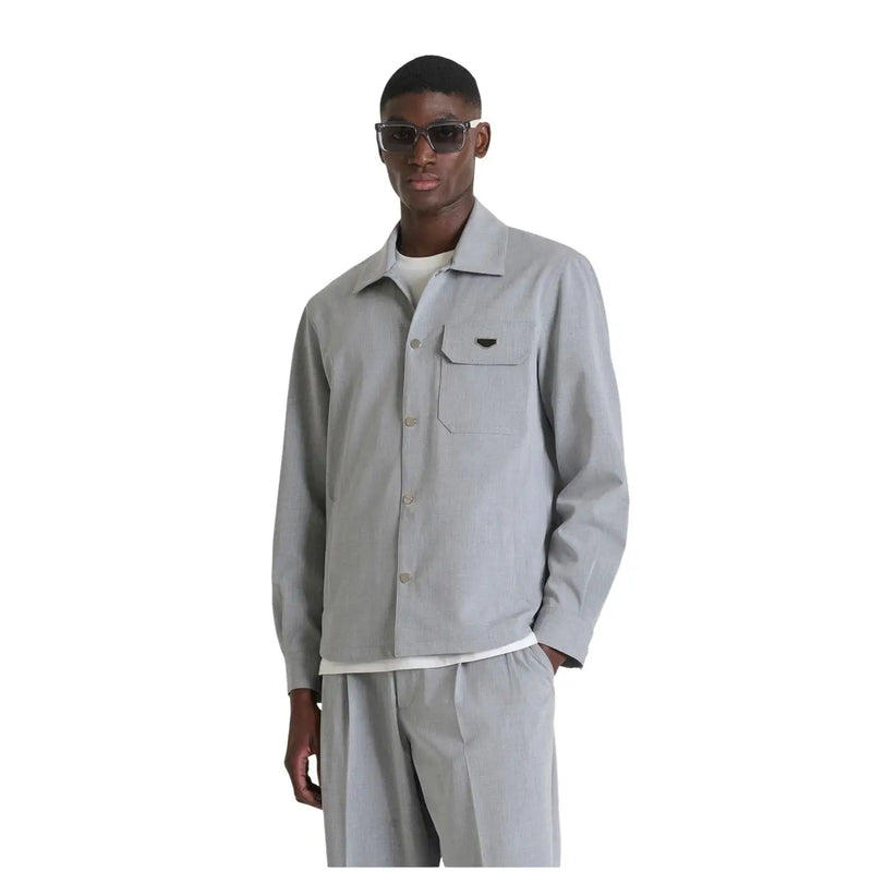 Antony Morato men grey long sleeve shirt with chest pocket and subtle black logo on pocket flap