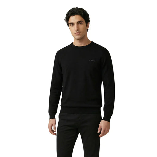 Antony Morato men knitwear black long sleeve cotton crewneck sweater with subtle embroidered logo on left chest