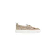 Beige suede Antony Morato men slip-on loafer with white rubber sole and small metallic logo on strap size MMFW01900