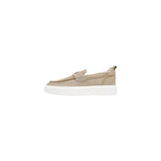 Beige suede slip-on loafer with white rubber sole and metallic logo strap from Antony Morato men leather moccasin shoes