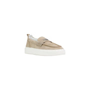 Beige suede antony morato men leather moccasin loafers with white platform sole and metallic logo on the vamp